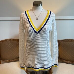 MINNIE ROSE Women's White Crochet Knit Sweater w Yellow & Blue Stripes, Cotton